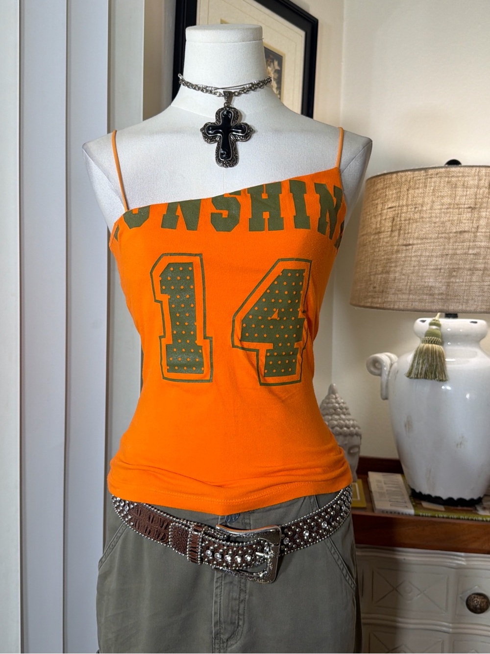 Y2K Toska Orange Graphic Spaghetti Strap Tank with Green Number